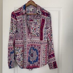 Joie Silky Button Down Blouse Paisley Floral Pink Blue Boho Size M